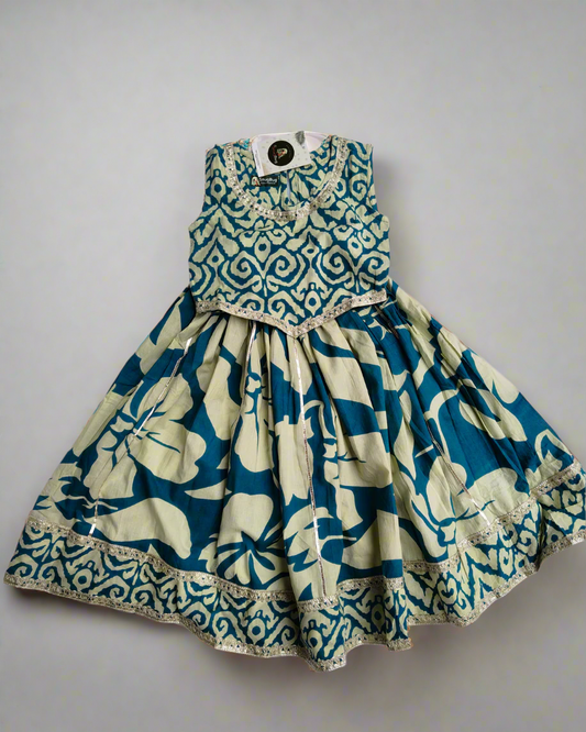 Pure cotton Blue Crop Blouse with lehanga with beautiful laces on neck and hemline of the top and the skirt