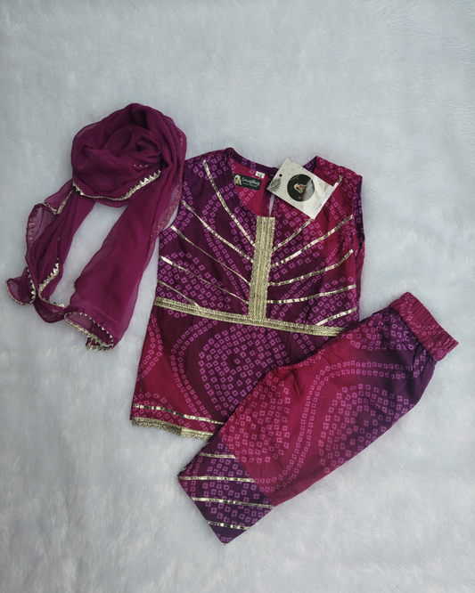Pure Cotton Girls Bandhani Printed Kurta Pant with Dupatta