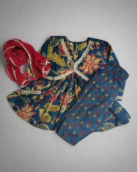 Girls Cotton Alia styled kurta pant with dupatta for festive wear