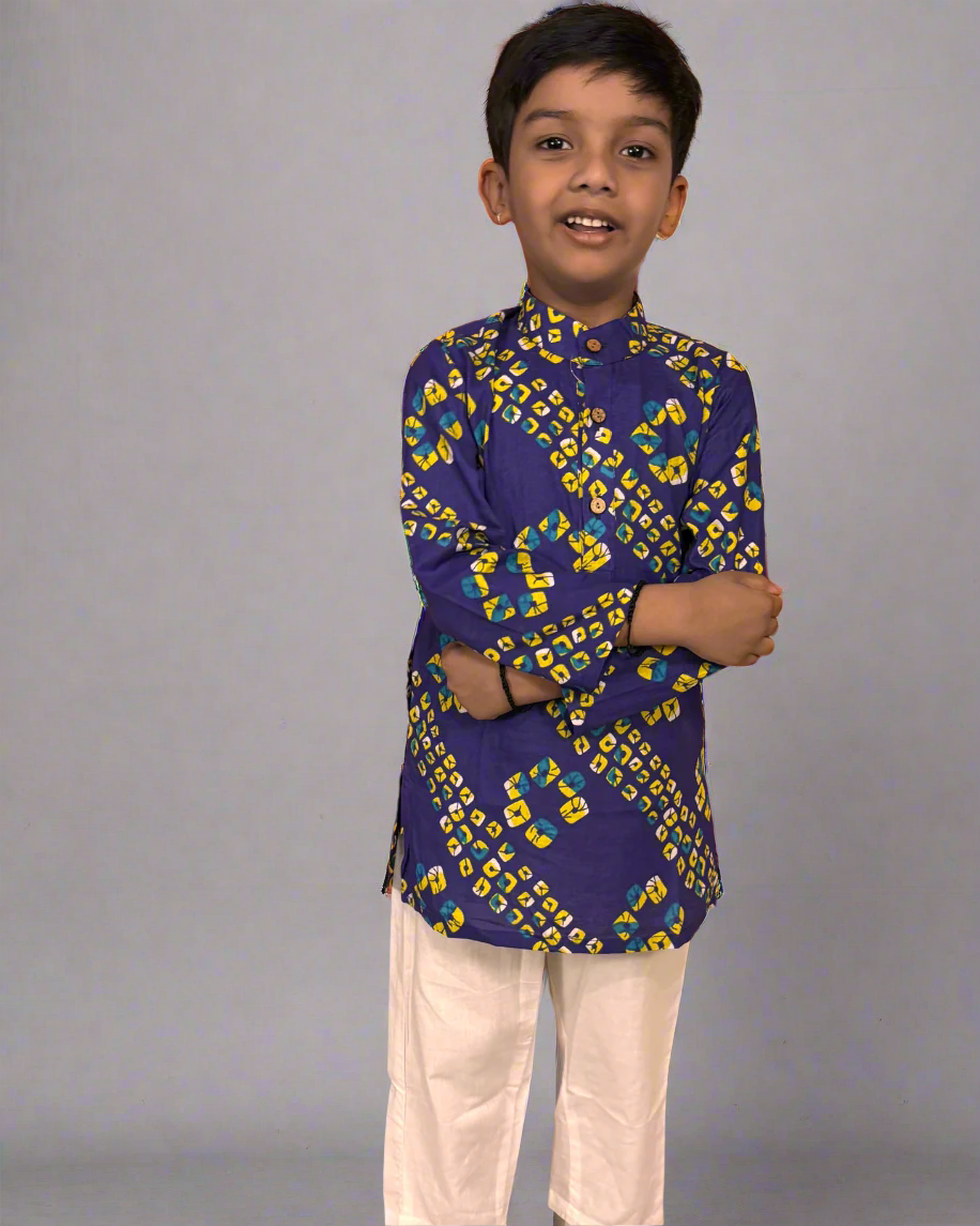 Pure cotton boys purple color bandhani full sleeve kurta with white elasticated pajama