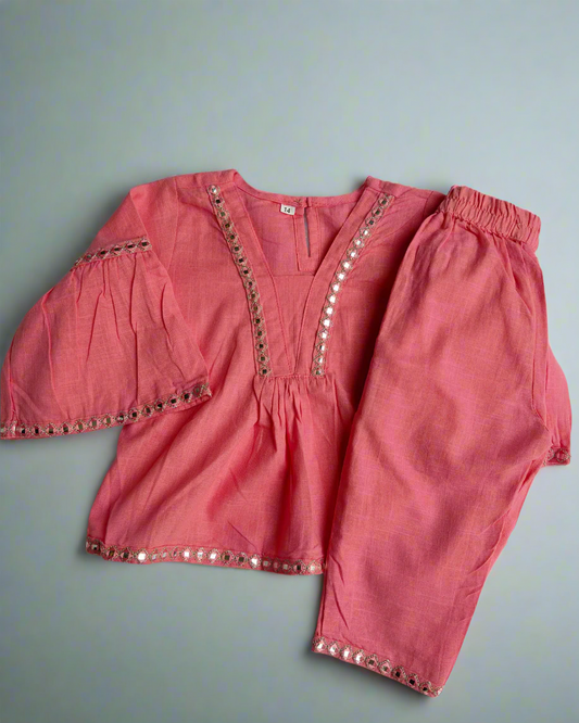 Girls Baby Pink Slub Cotton Peplum style cotton co-ord set traditional wear