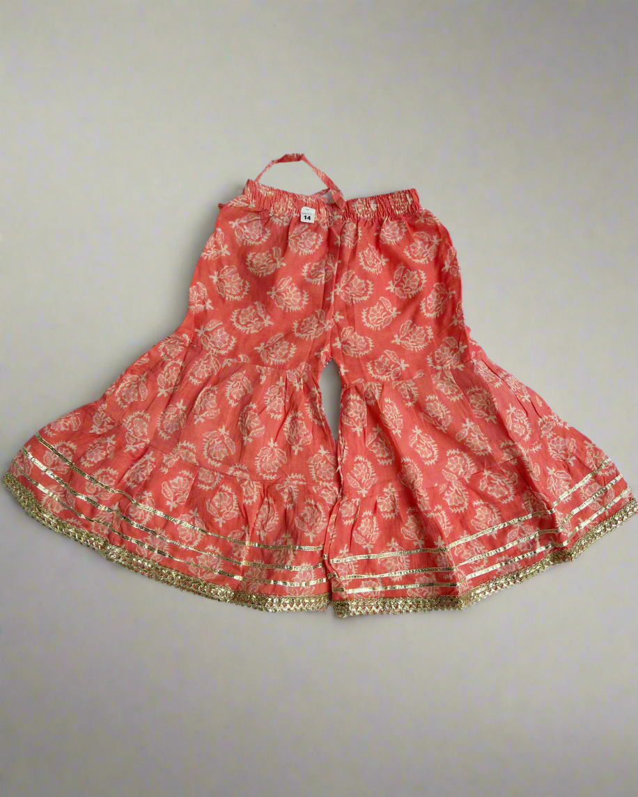 Girls Coral Beige peplum style pure cotton kurta with sharara set - ethnic wear