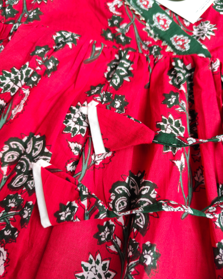 SnugBug Red Sleeveless kurti with green elasticated floral Pant Traditional Wear