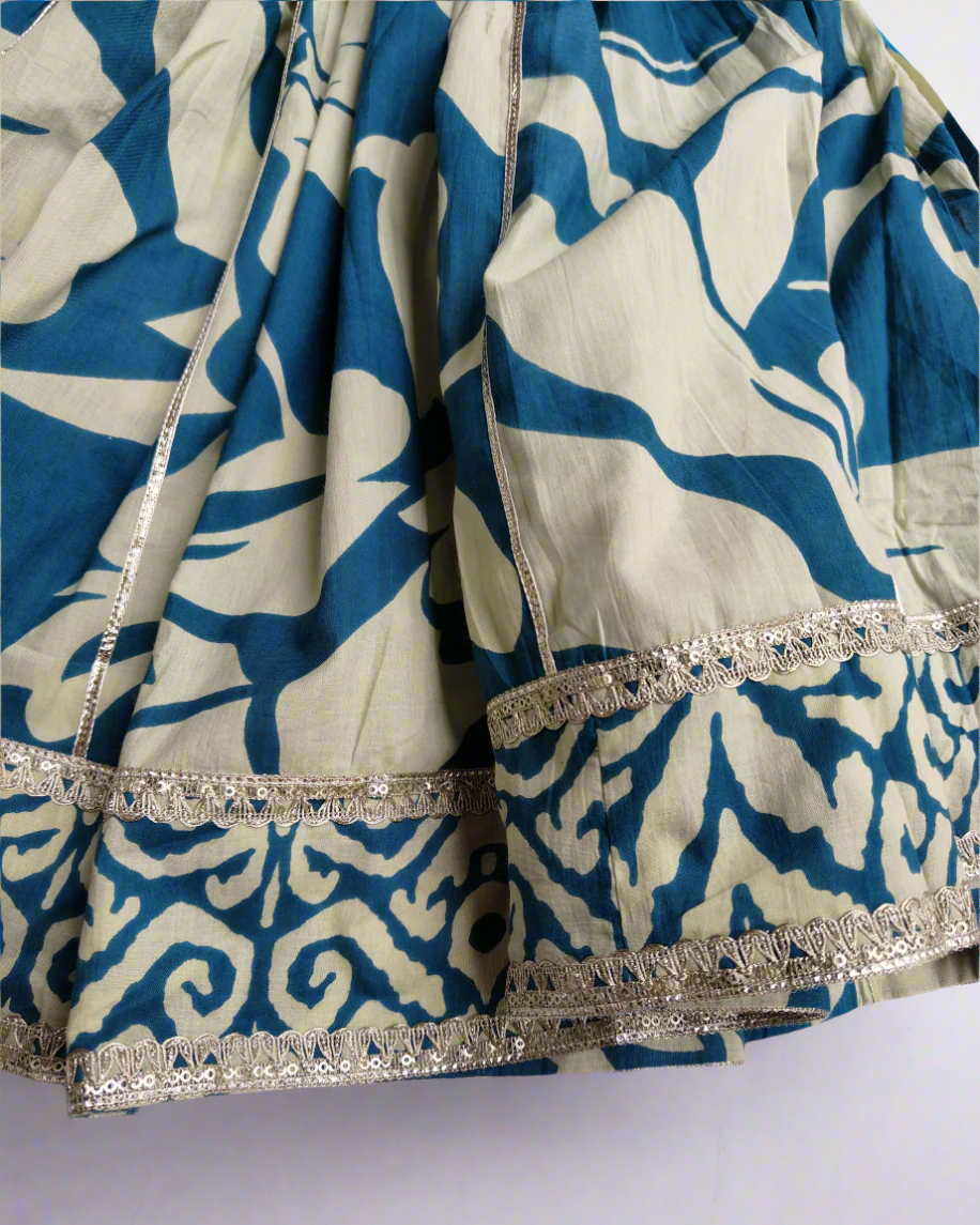 Pure cotton Blue Crop Blouse with lehanga with beautiful laces on neck and hemline of the top and the skirt