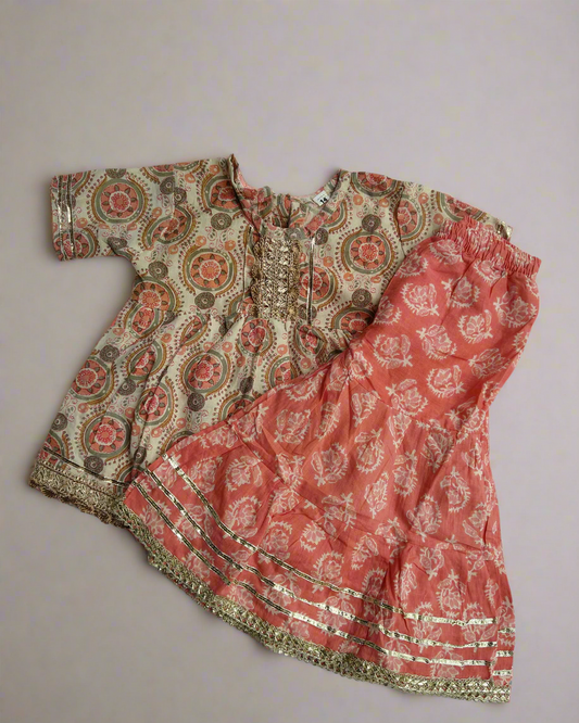 Girls Coral Beige peplum style pure cotton kurta with sharara set - ethnic wear