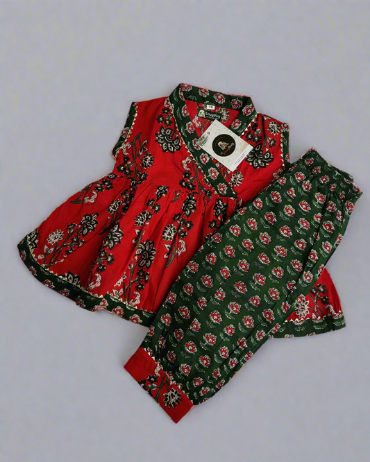 SnugBug Red Sleeveless kurti with green elasticated floral Pant Traditional Wear