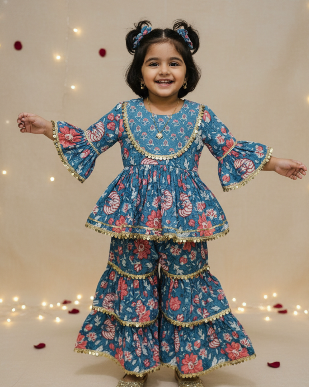 Pure Cotton Girls Peplum Style three fourth sleeve kurta with Sharara Set
