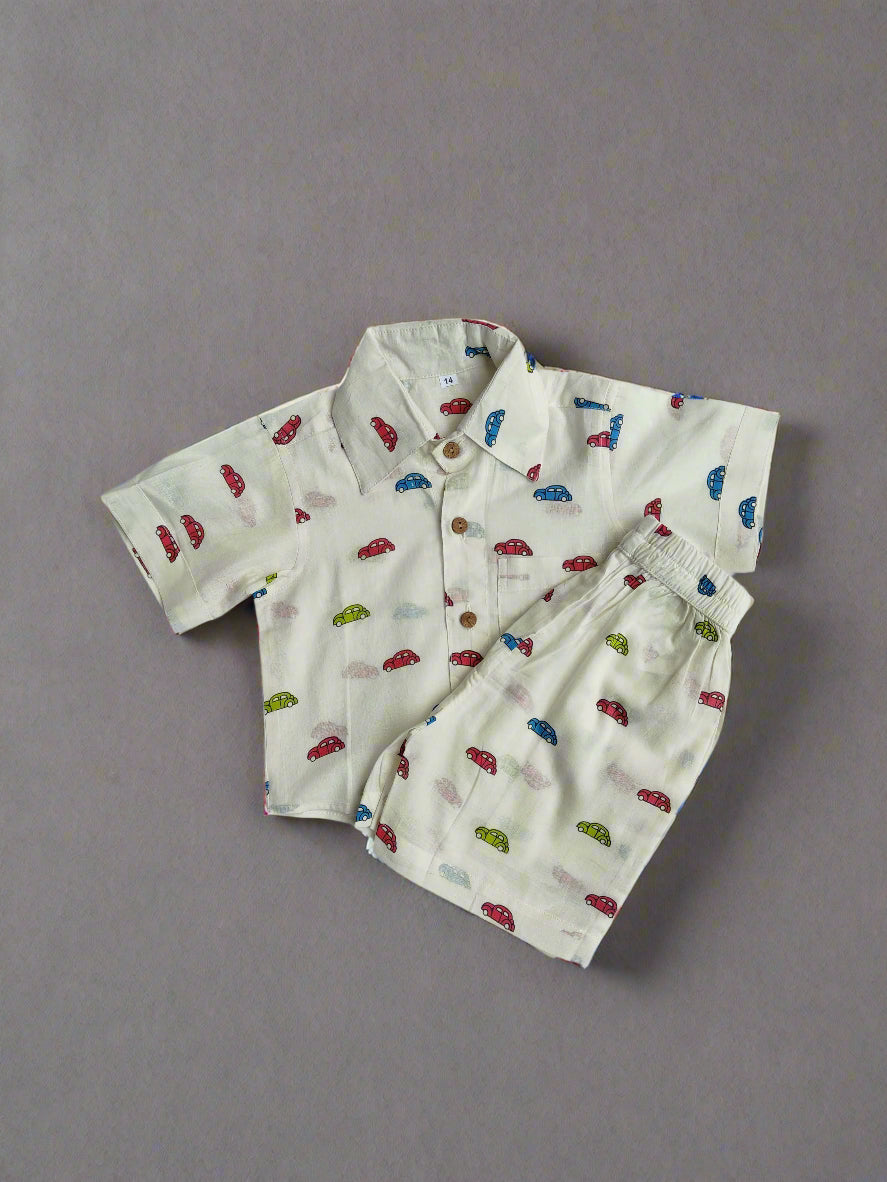 Cute Boys Co-ord Set | Car Printed Cotton Shorts Set for Summer | SnugBug