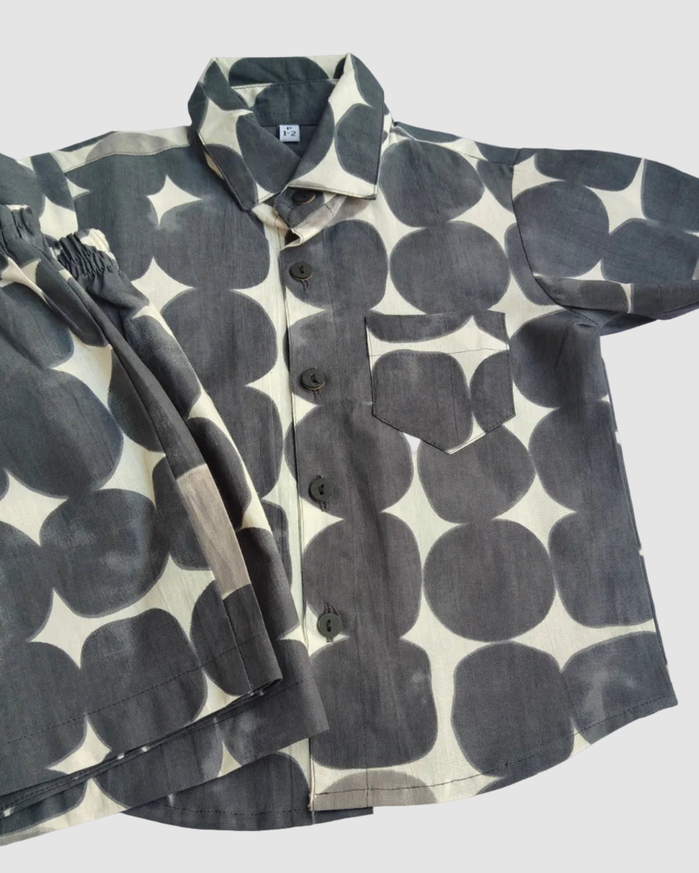 SnugBug Kids Cotton Tie and Dye Print Shorts Set with shirt has collar and is front open buttons with elasticated shorts