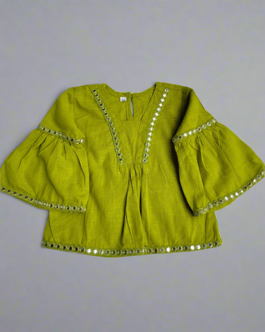 Lime Green color slub cotton peplum styled top with gota patti work with elasticated pant two pockets 