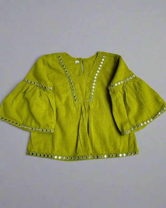 Lime Green color slub cotton peplum styled top with gota patti work with elasticated pant two pockets 