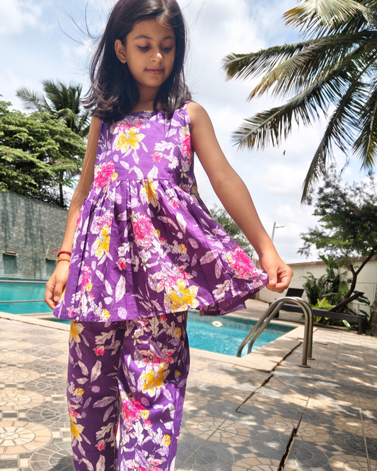 Purple Floral printed pure cotton girls coord set
