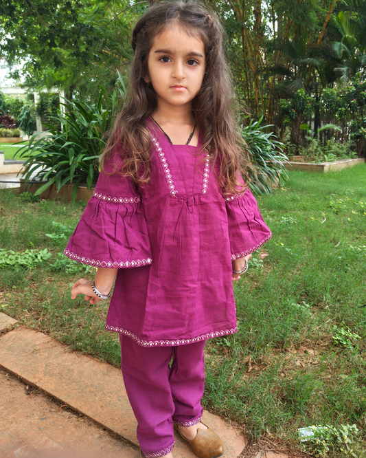 SnugBug Girls Wine Color Slub Cotton Peplum Co-ord Set