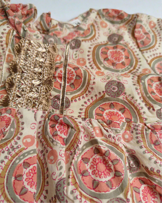 Girls Coral Beige peplum style pure cotton kurta with sharara set - ethnic wear