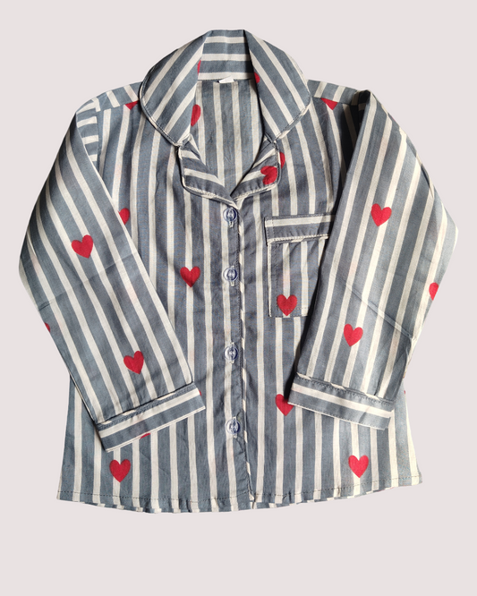 SnugBug Unisex Kids Pure Cotton Full Sleeve Heart Printed Light Weight Night Suit Set