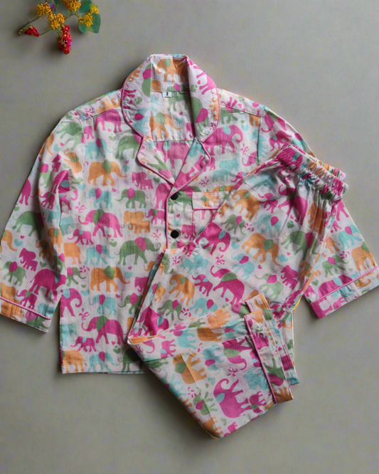 Pure Cotton girls elephant printed full sleeve night suit set