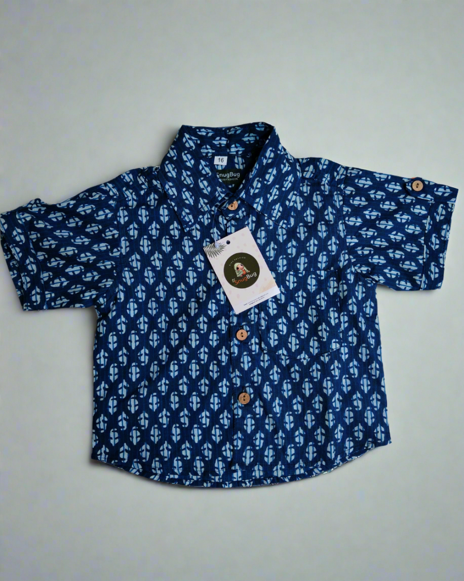 Boys Cotton Indigo Half Sleeve shirt with white patterns 