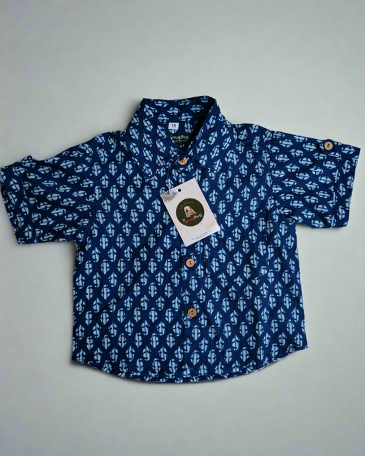 Boys Cotton Indigo Half Sleeve shirt with white patterns 
