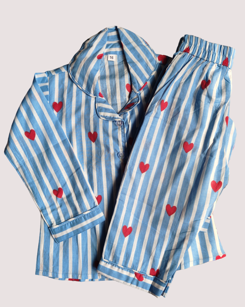Unisex Kids Pure Cotton Full Sleeve Heart Printed Night Suit Set 