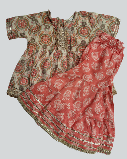 Girls Coral Beige peplum style pure cotton kurta with sharara set - ethnic wear