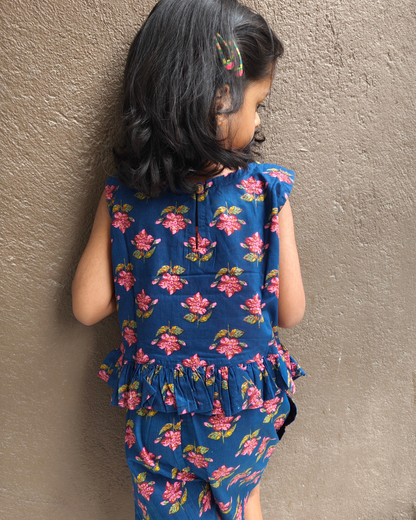 Girls Cotton Indigo Blue color Sleeveles Shorts Set for Summer
