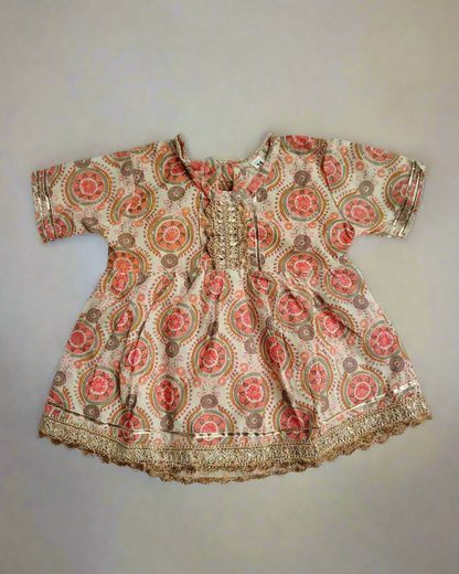 Girls Coral Beige peplum style pure cotton kurta with sharara set - ethnic wear