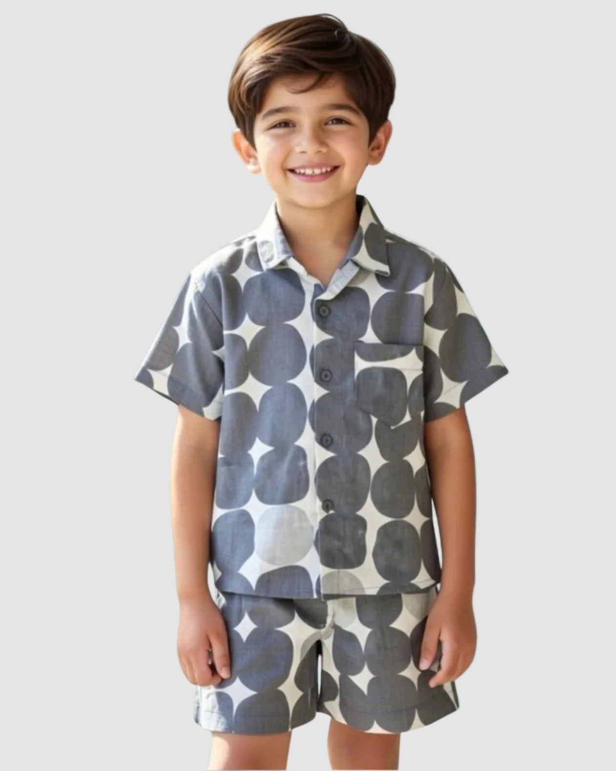 SnugBug Kids Cotton Tie and Dye Print Shorts Set with shirt has collar and is front open buttons with elasticated shorts