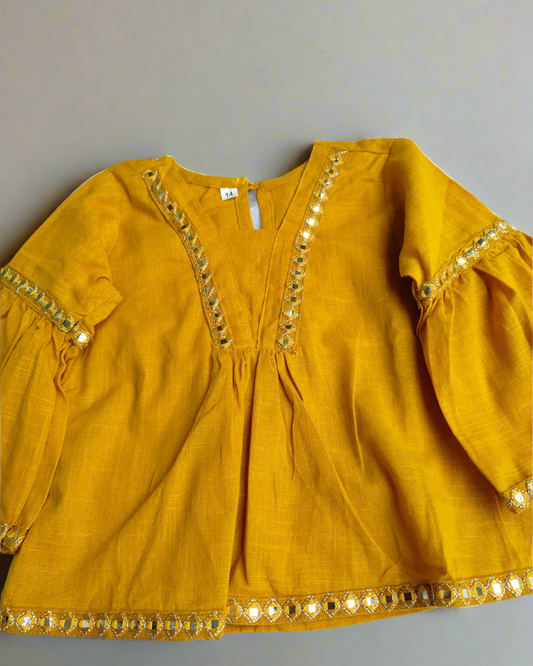 Mustad Yellow Girl's Slub Cotton peplum styled top with elasticated Girls traditional wear