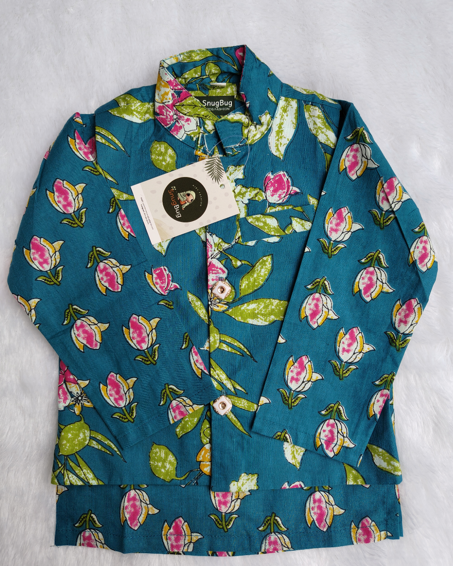 Boys Teal Blossom Jacket Kurta Pajama Cotton Ethnic Wear Set | SnugBug