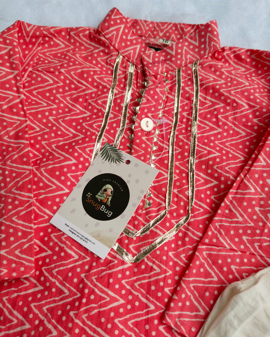 Boys Cotton Baby Pink Zig-Zag Kurta Pajama Set | SnugBug