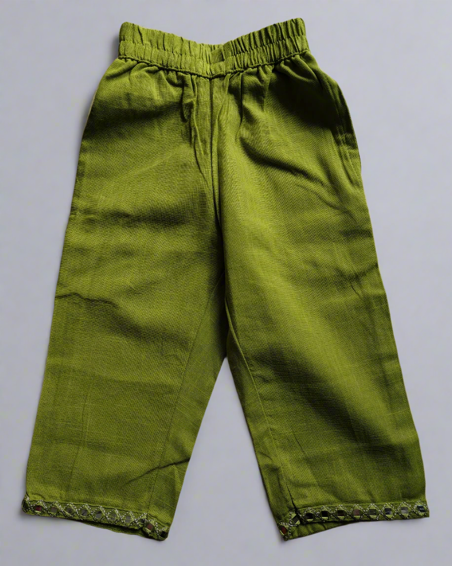 Lime Green color slub cotton peplum styled top with gota patti work with elasticated pant two pockets 