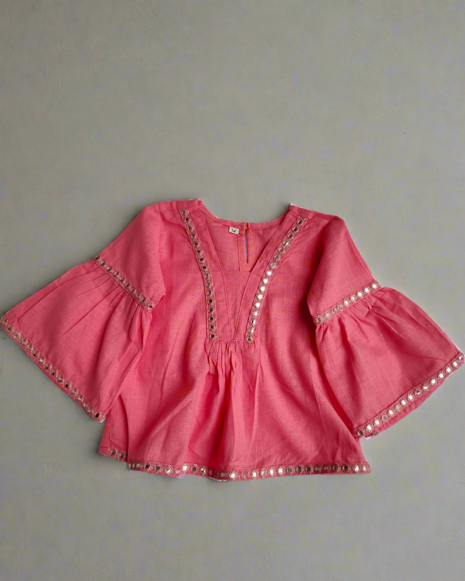 Girls Baby Pink Slub Cotton Peplum style cotton co-ord set traditional wear