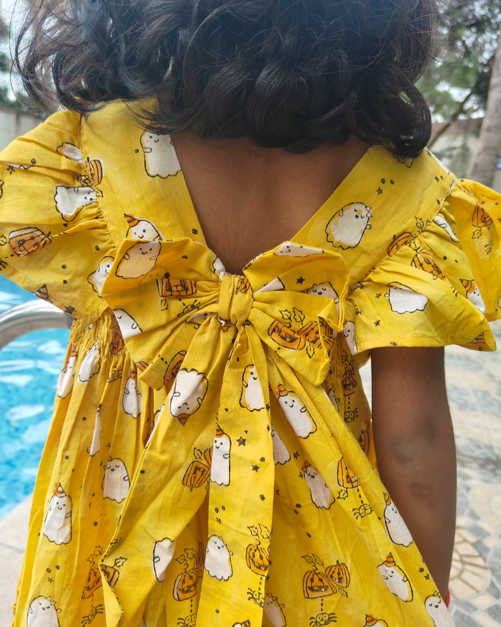 Girls Yellow Hand Block Printed Half Puffed Sleeve Frock Dress in pure cotton breathable fabric