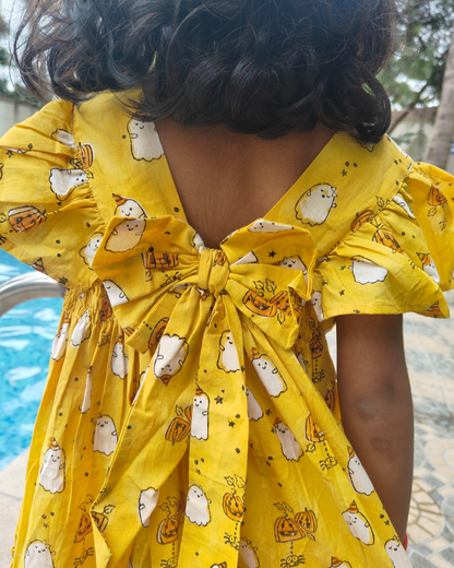 Girls Yellow Hand Block Printed Half Puffed Sleeve Frock Dress in pure cotton breathable fabric