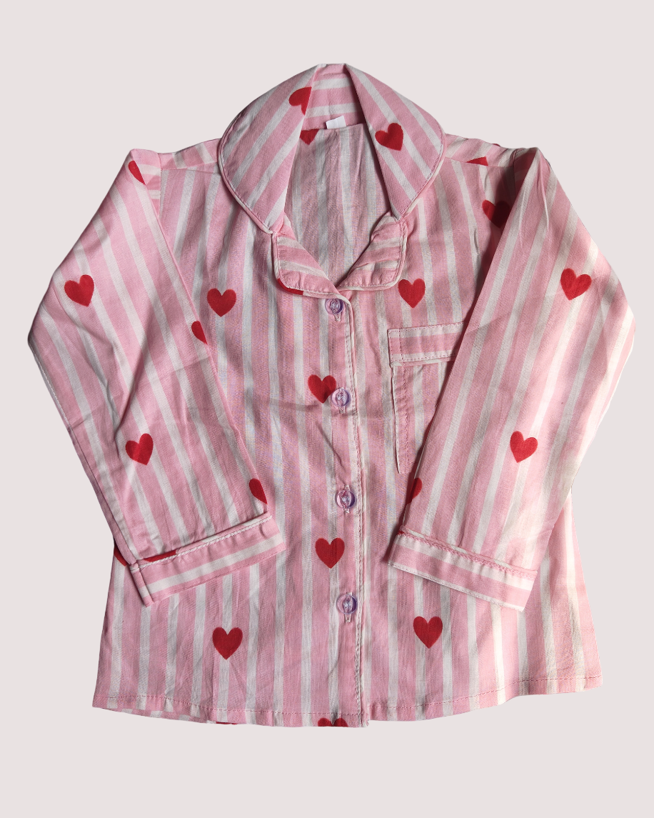 SnugBug Heart Printed Pure Cotton Full Sleeve Night Suit Set for Girls