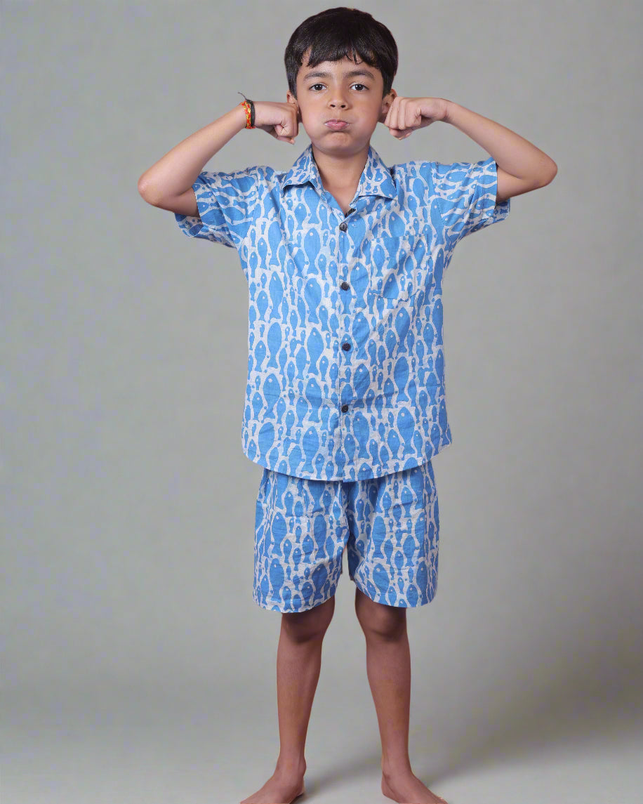 Boys pure cotton FIsh  printed sky blue Summer cotton co-ord set
