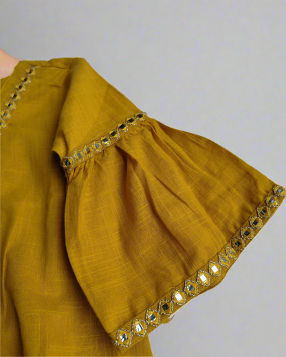 Mustad Yellow Girl's Slub Cotton peplum styled top with elasticated Girls traditional wear