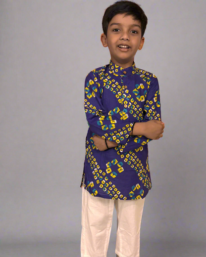 Pure cotton boys purple color bandhani full sleeve kurta with white elasticated pajama