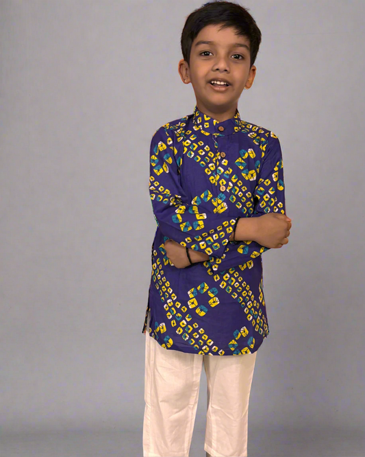 Pure cotton boys purple color bandhani full sleeve kurta with white elasticated pajama