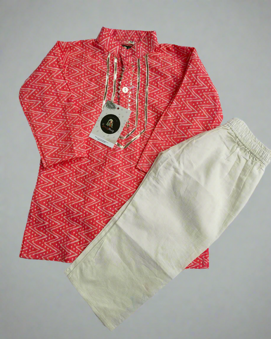 SnugBug Pure cotton pink zig zag full sleeve kurta with white elasticated pajama
