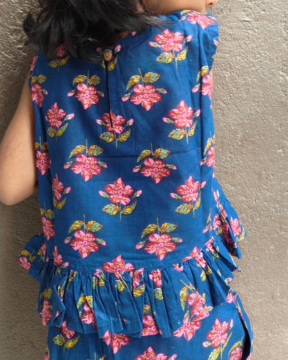 Girls Cotton Indigo Blue color Sleeveles Shorts Set for Summer