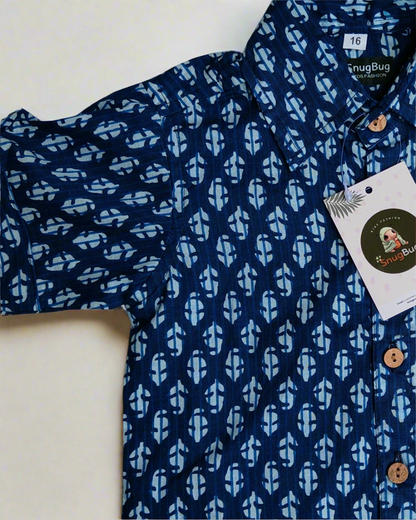 Boys Cotton Indigo Half Sleeve shirt with white patterns 