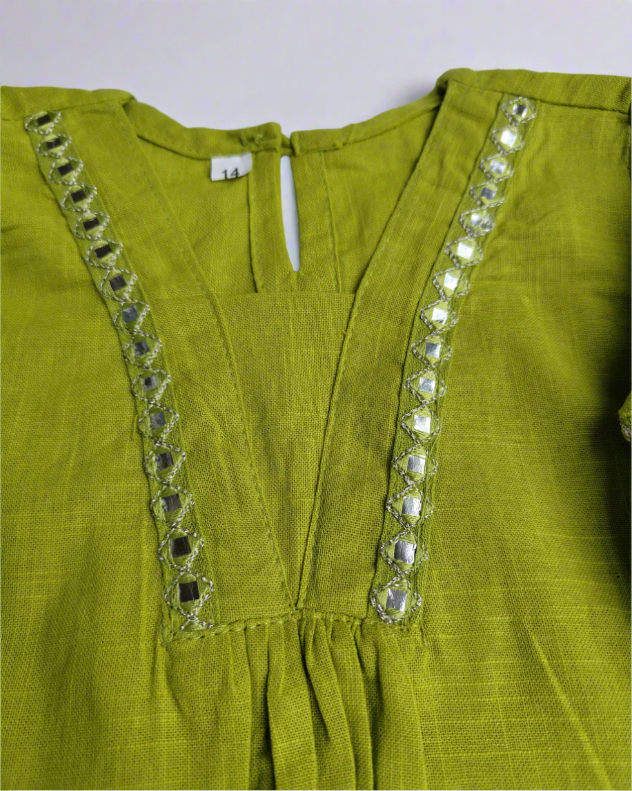 Lime Green color slub cotton peplum styled top with gota patti work with elasticated pant two pockets 