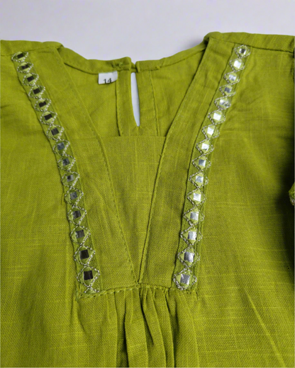 Lime Green color slub cotton peplum styled top with gota patti work with elasticated pant two pockets 