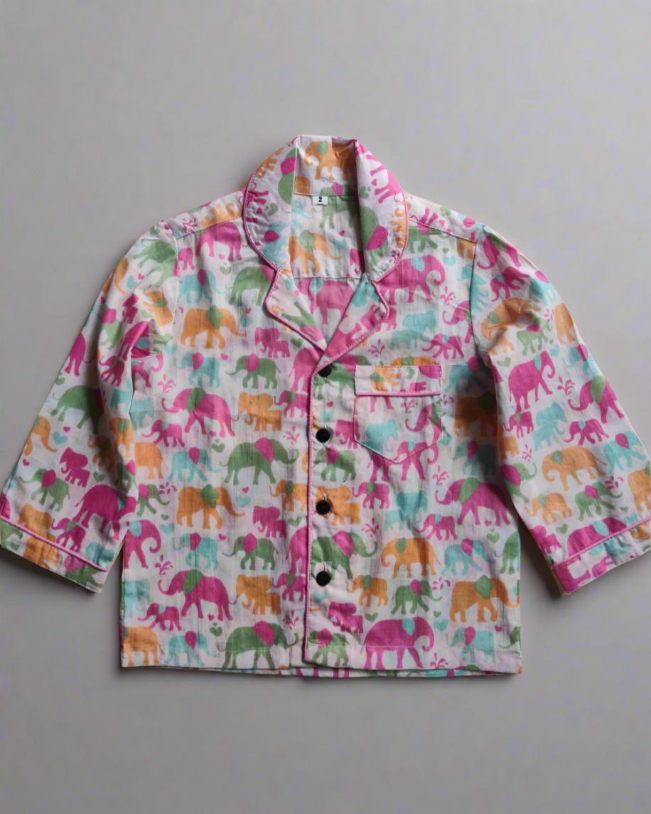 Pure Cotton girls elephant printed full sleeve night suit set