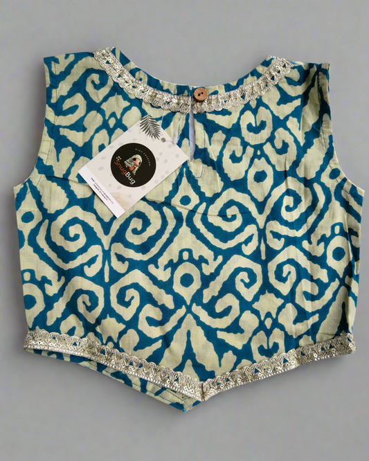 Pure cotton Blue Crop Blouse with lehanga with beautiful laces on neck and hemline of the top and the skirt