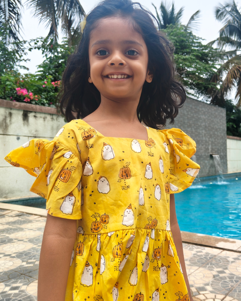 Girls Yellow Hand Block Printed Half Puffed Sleeve Frock Dress in pure cotton breathable fabric