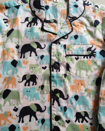 Kids Cotton Elephant Print Full Sleeve Night Suit Set