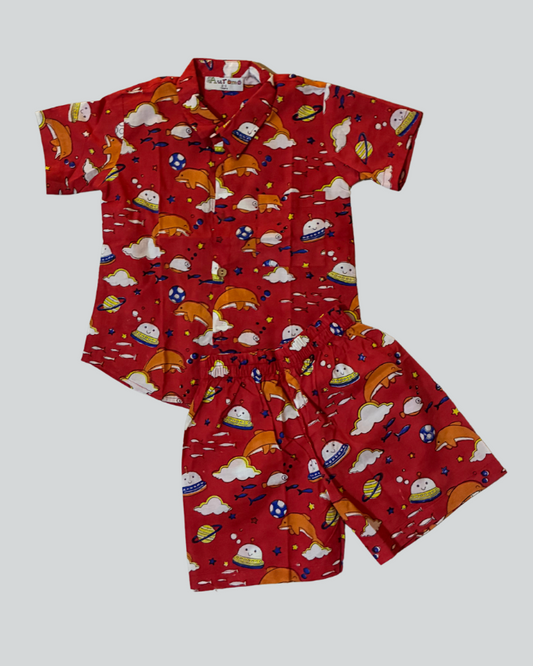 SnugBug Boys Pure cotton handblock printed red co-ord set for Summer