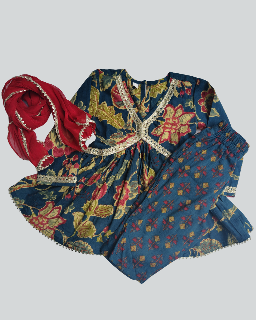 Girls Cotton Alia styled kurta pant with dupatta for festive wear
